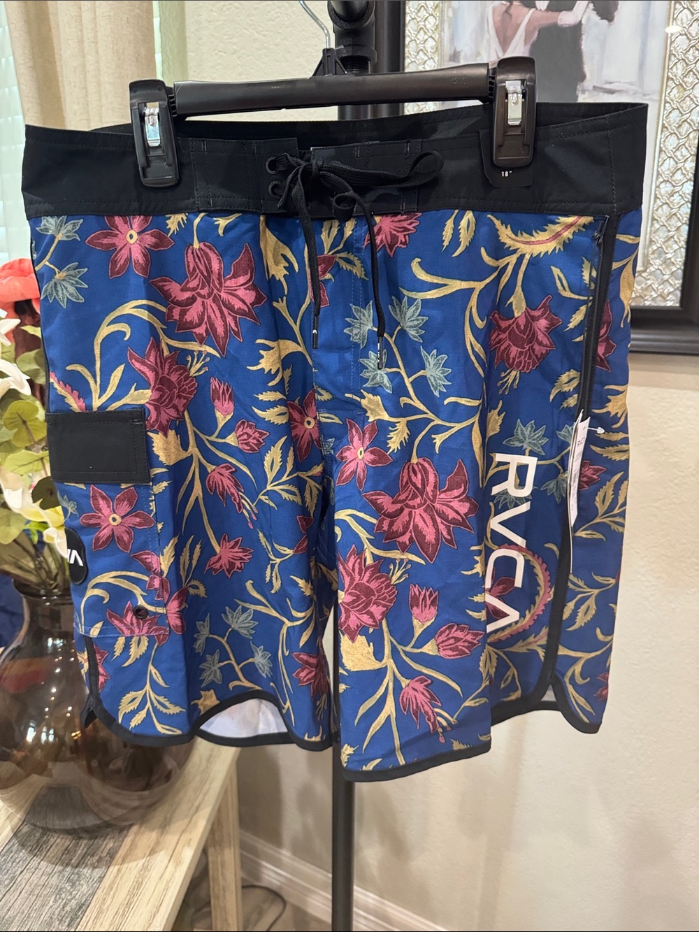RVCA Blue Floral Swim Boardshorts with Burgundy & Gold Accent Print